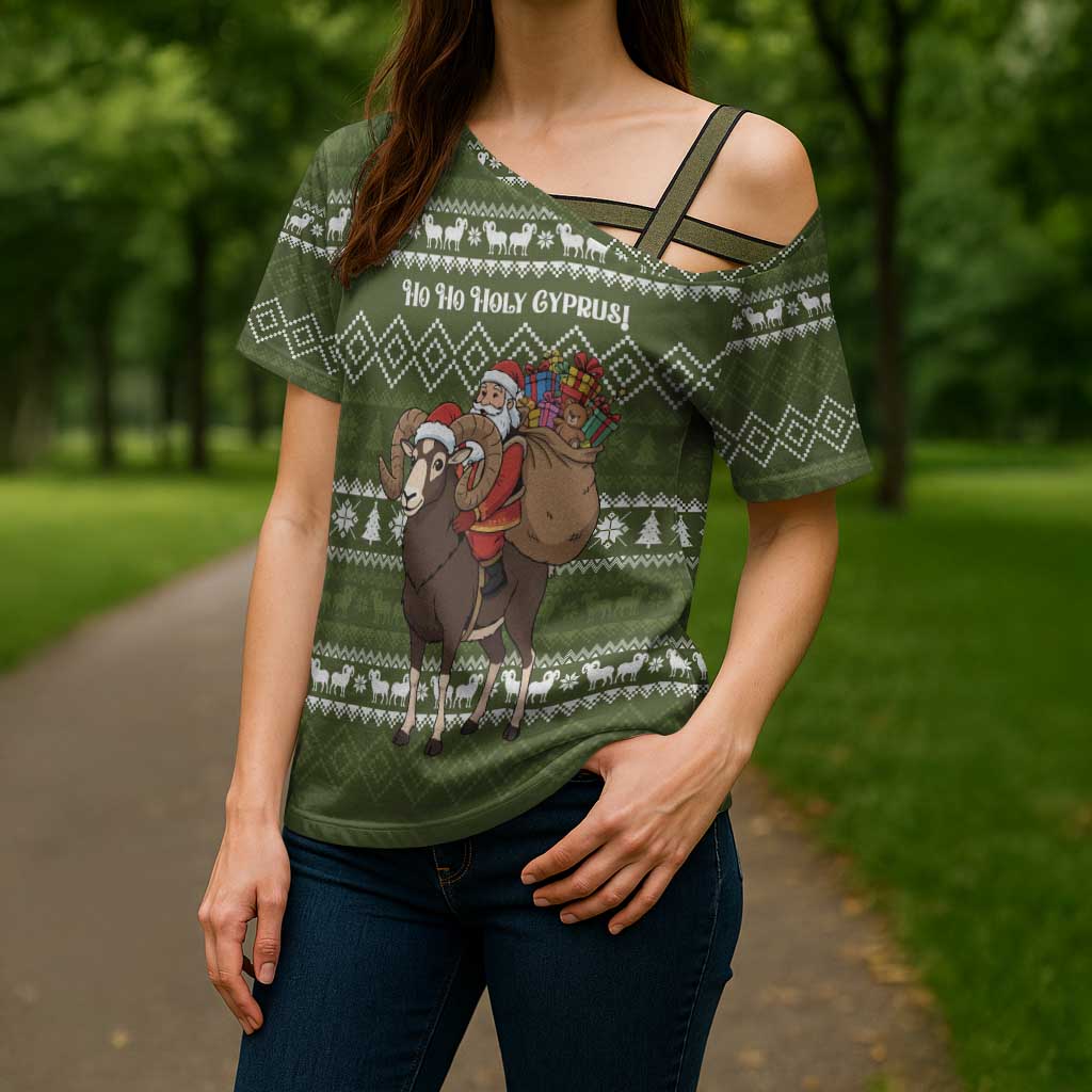 Cyprus Christmas Cross Shoulder Shirt with Santa Riding Ram Ho Ho Holy Cyprus Text and Green Holiday - Wonder Print Shop