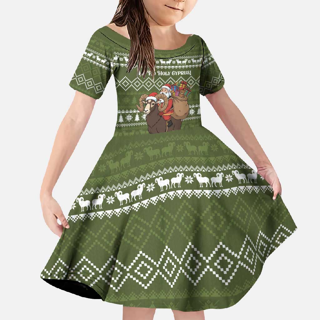 Cyprus Christmas Family Matching Long Sleeve Bodycon Dress and Hawaiian Shirt with Santa Riding Ram Ho Ho Holy Cyprus Text and Green Holiday - Wonder Print Shop