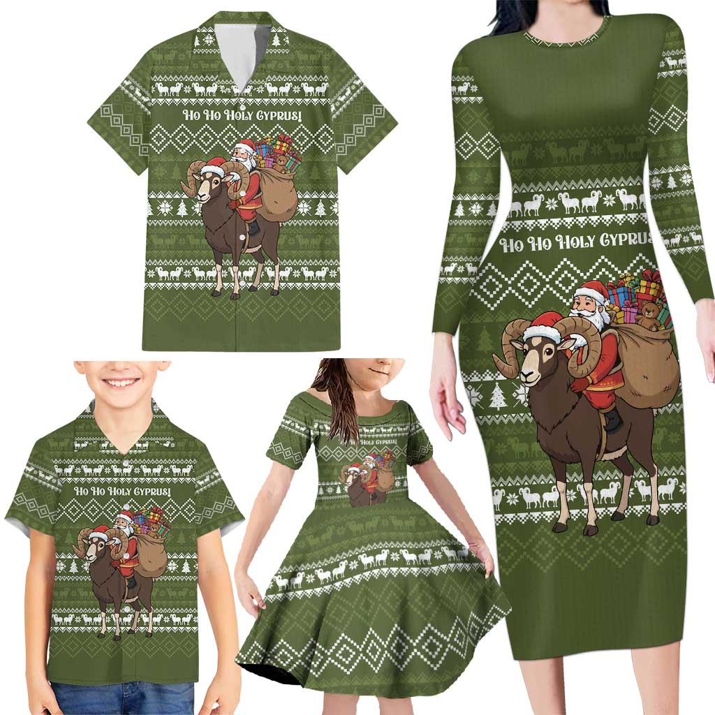 Cyprus Christmas Family Matching Long Sleeve Bodycon Dress and Hawaiian Shirt with Santa Riding Ram Ho Ho Holy Cyprus Text and Green Holiday - Wonder Print Shop