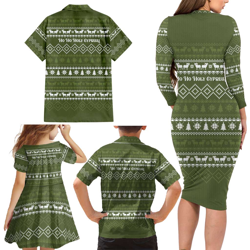 Cyprus Christmas Family Matching Long Sleeve Bodycon Dress and Hawaiian Shirt with Santa Riding Ram Ho Ho Holy Cyprus Text and Green Holiday - Wonder Print Shop