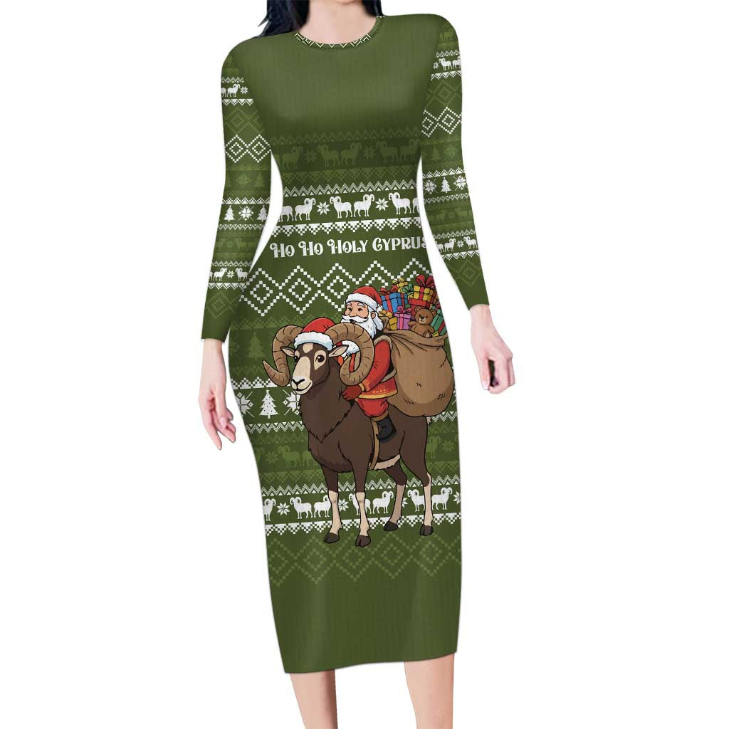Cyprus Christmas Family Matching Long Sleeve Bodycon Dress and Hawaiian Shirt with Santa Riding Ram Ho Ho Holy Cyprus Text and Green Holiday - Wonder Print Shop
