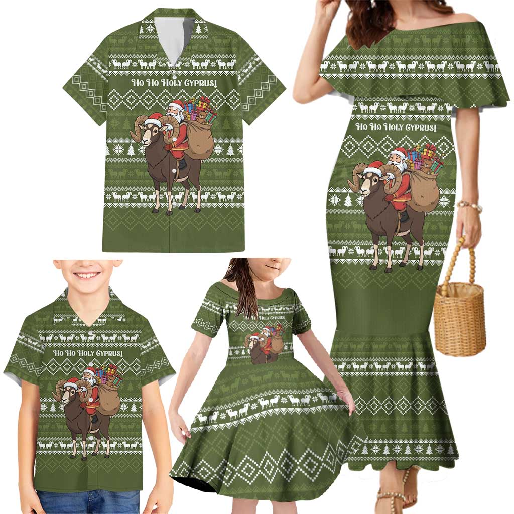 Cyprus Christmas Family Matching Mermaid Dress and Hawaiian Shirt with Santa Riding Ram Ho Ho Holy Cyprus Text and Green Holiday - Wonder Print Shop