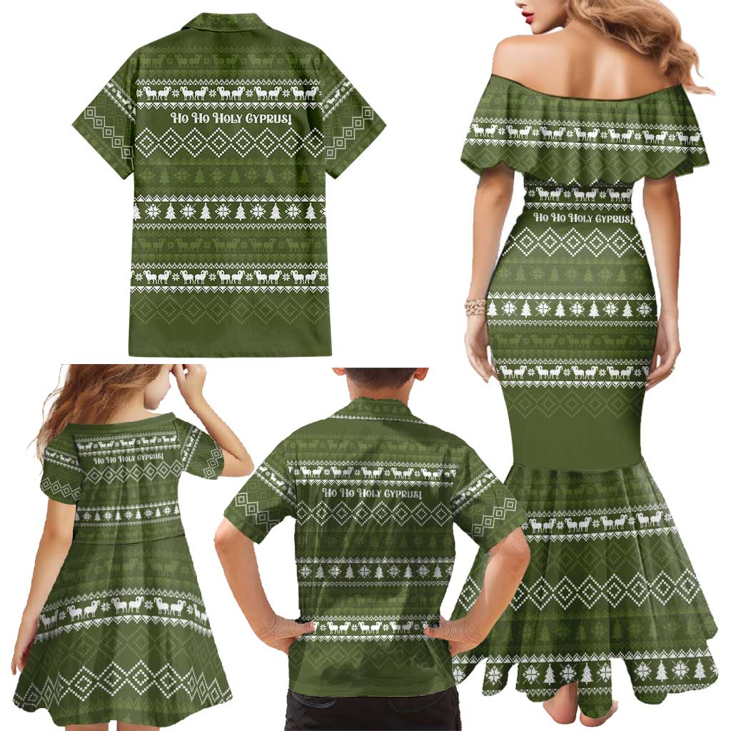 Cyprus Christmas Family Matching Mermaid Dress and Hawaiian Shirt with Santa Riding Ram Ho Ho Holy Cyprus Text and Green Holiday - Wonder Print Shop