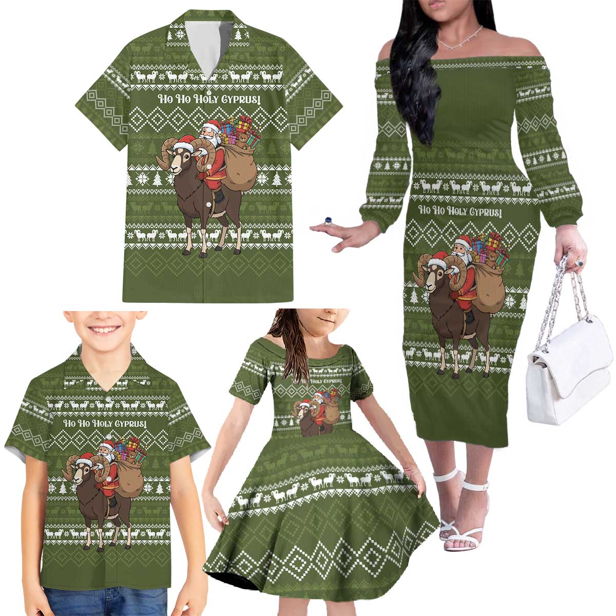 Cyprus Christmas Family Matching Off The Shoulder Long Sleeve Dress and Hawaiian Shirt with Santa Riding Ram Ho Ho Holy Cyprus Text and Green Holiday - Wonder Print Shop
