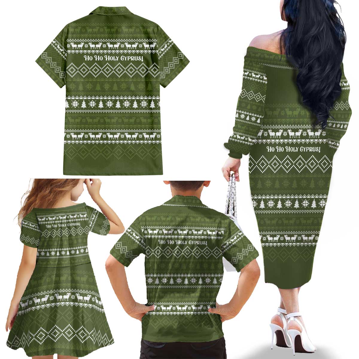 Cyprus Christmas Family Matching Off The Shoulder Long Sleeve Dress and Hawaiian Shirt with Santa Riding Ram Ho Ho Holy Cyprus Text and Green Holiday - Wonder Print Shop