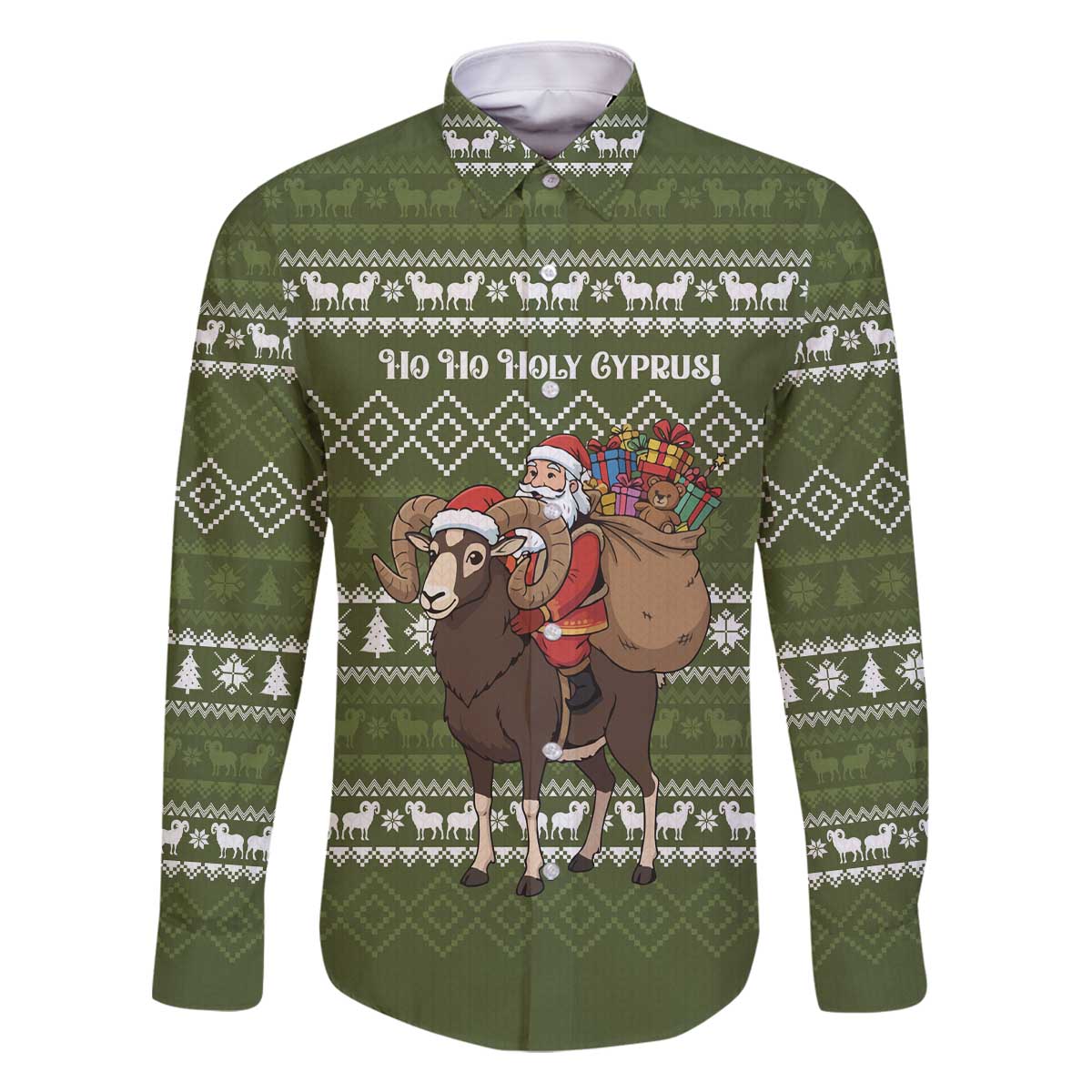 Cyprus Christmas Family Matching Off The Shoulder Long Sleeve Dress and Hawaiian Shirt with Santa Riding Ram Ho Ho Holy Cyprus Text and Green Holiday - Wonder Print Shop