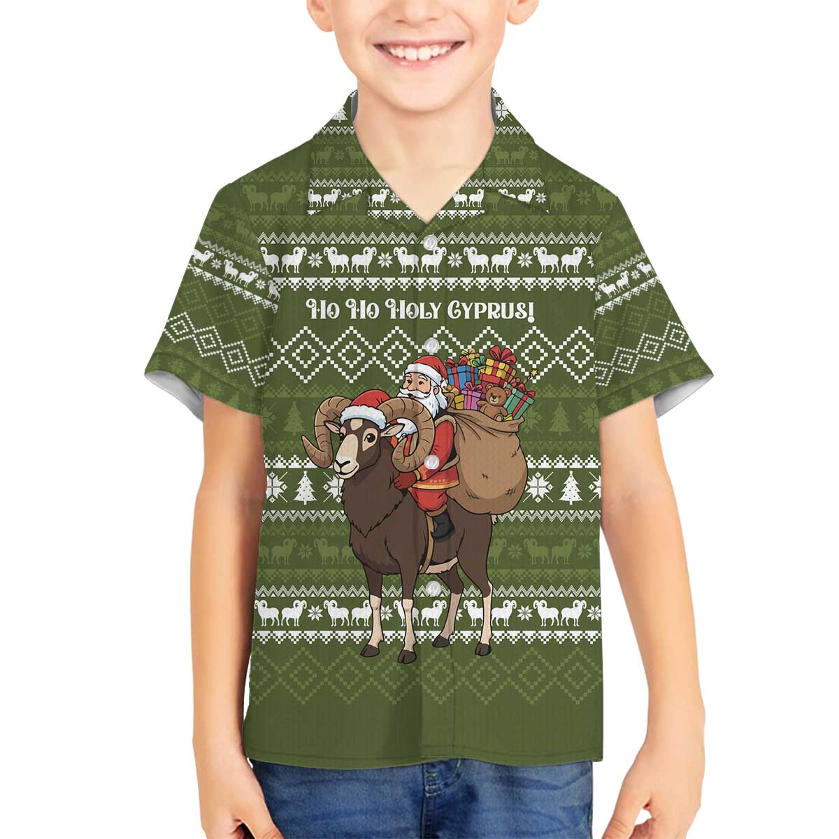 Cyprus Christmas Family Matching Off The Shoulder Long Sleeve Dress and Hawaiian Shirt with Santa Riding Ram Ho Ho Holy Cyprus Text and Green Holiday - Wonder Print Shop