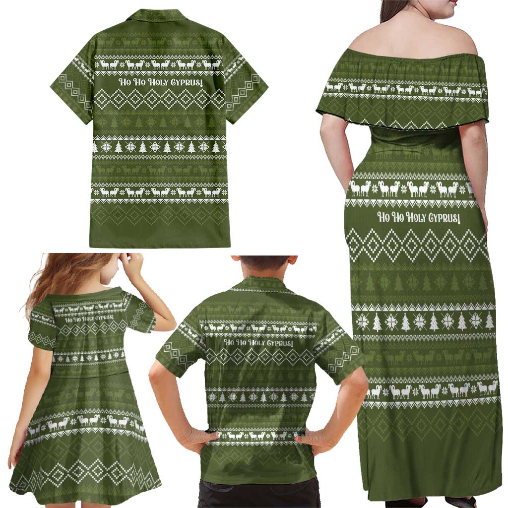Cyprus Christmas Family Matching Off Shoulder Maxi Dress and Hawaiian Shirt with Santa Riding Ram Ho Ho Holy Cyprus Text and Green Holiday - Wonder Print Shop