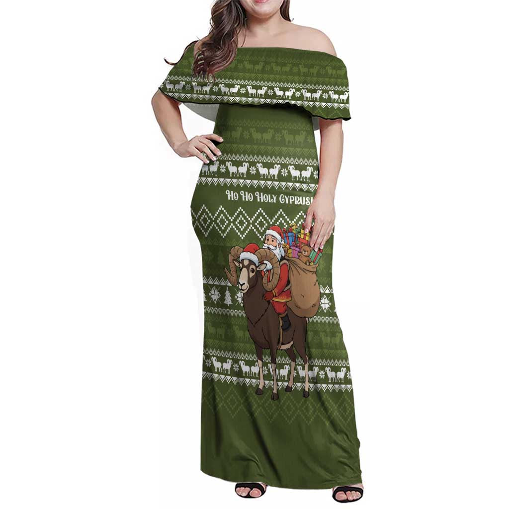 Cyprus Christmas Family Matching Off Shoulder Maxi Dress and Hawaiian Shirt with Santa Riding Ram Ho Ho Holy Cyprus Text and Green Holiday - Wonder Print Shop