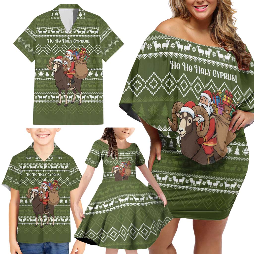 Cyprus Christmas Family Matching Off Shoulder Short Dress and Hawaiian Shirt with Santa Riding Ram Ho Ho Holy Cyprus Text and Green Holiday - Wonder Print Shop