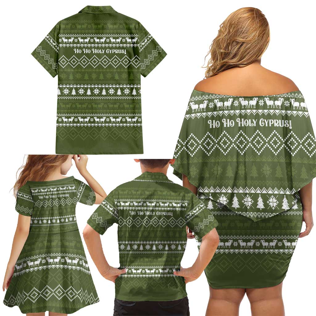 Cyprus Christmas Family Matching Off Shoulder Short Dress and Hawaiian Shirt with Santa Riding Ram Ho Ho Holy Cyprus Text and Green Holiday - Wonder Print Shop