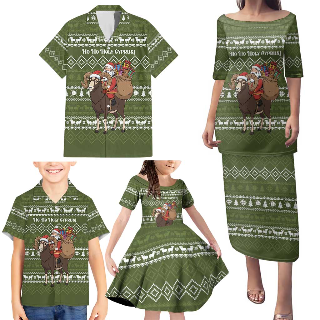 Cyprus Christmas Family Matching Puletasi and Hawaiian Shirt with Santa Riding Ram Ho Ho Holy Cyprus Text and Green Holiday - Wonder Print Shop