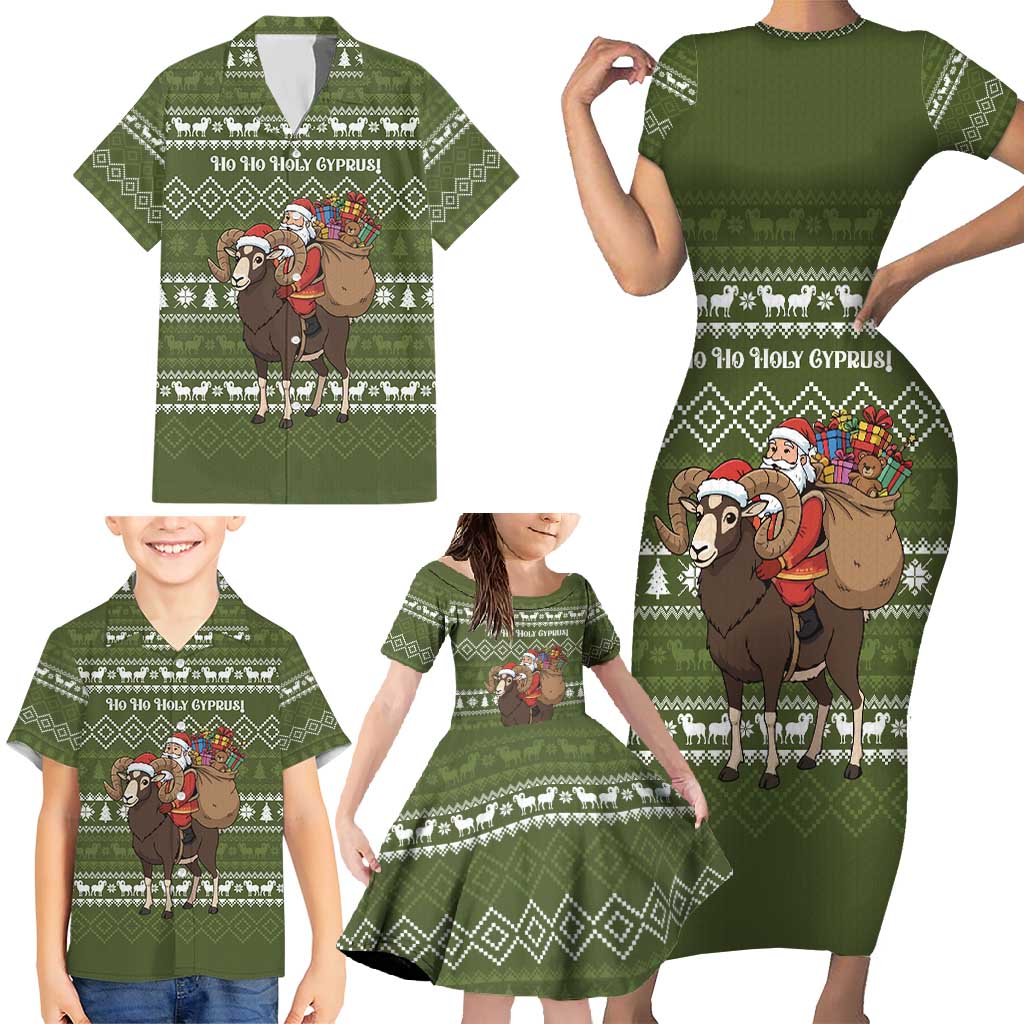 Cyprus Christmas Family Matching Short Sleeve Bodycon Dress and Hawaiian Shirt with Santa Riding Ram Ho Ho Holy Cyprus Text and Green Holiday - Wonder Print Shop