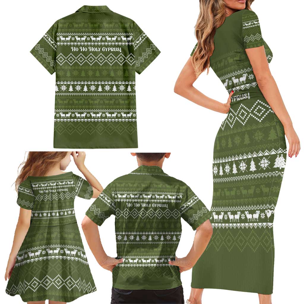 Cyprus Christmas Family Matching Short Sleeve Bodycon Dress and Hawaiian Shirt with Santa Riding Ram Ho Ho Holy Cyprus Text and Green Holiday - Wonder Print Shop