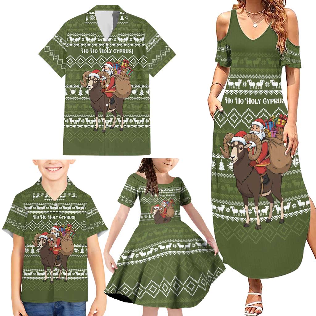 Cyprus Christmas Family Matching Summer Maxi Dress and Hawaiian Shirt with Santa Riding Ram Ho Ho Holy Cyprus Text and Green Holiday - Wonder Print Shop