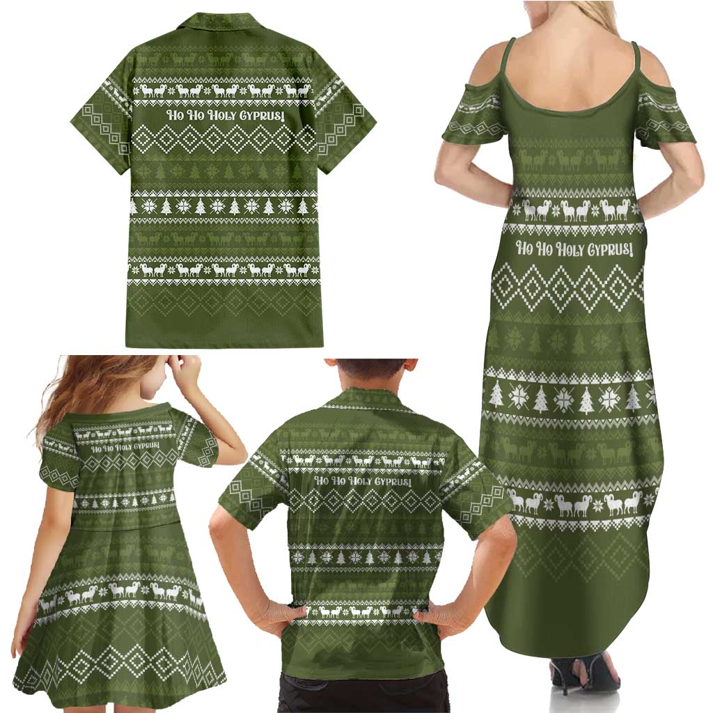 Cyprus Christmas Family Matching Summer Maxi Dress and Hawaiian Shirt with Santa Riding Ram Ho Ho Holy Cyprus Text and Green Holiday - Wonder Print Shop