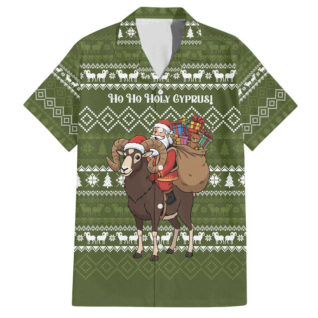 Cyprus Christmas Family Matching Summer Maxi Dress and Hawaiian Shirt with Santa Riding Ram Ho Ho Holy Cyprus Text and Green Holiday - Wonder Print Shop