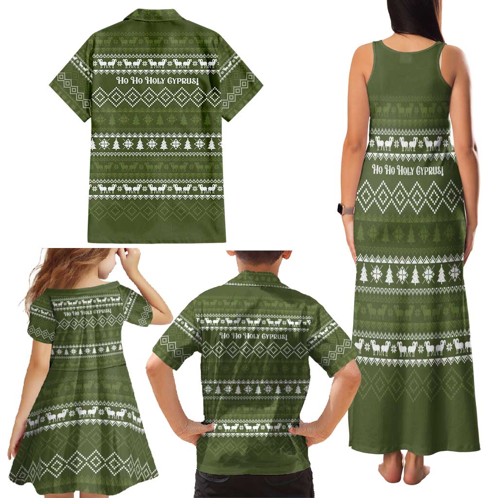 Cyprus Christmas Family Matching Tank Maxi Dress and Hawaiian Shirt with Santa Riding Ram Ho Ho Holy Cyprus Text and Green Holiday - Wonder Print Shop