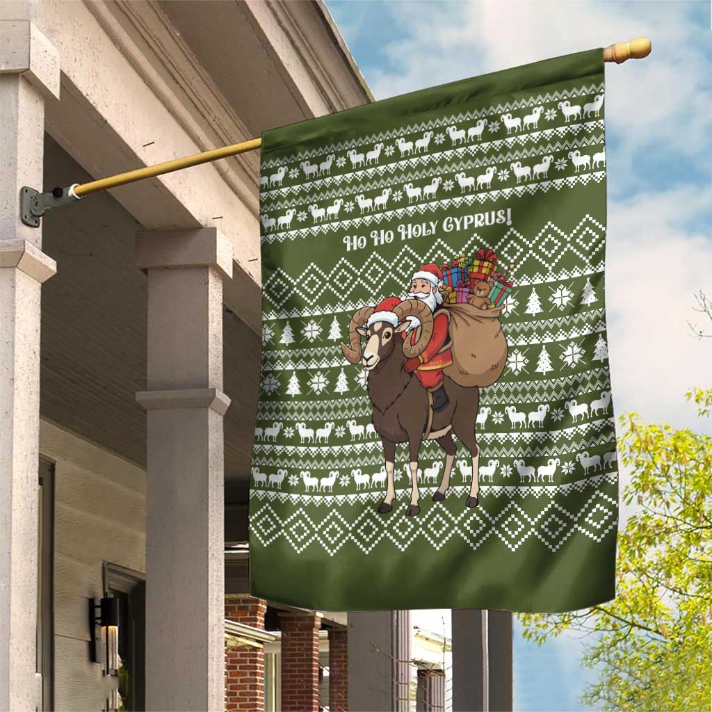 Cyprus Christmas Garden Flag with Santa Riding Ram Ho Ho Holy Cyprus Text and Green Holiday - Wonder Print Shop