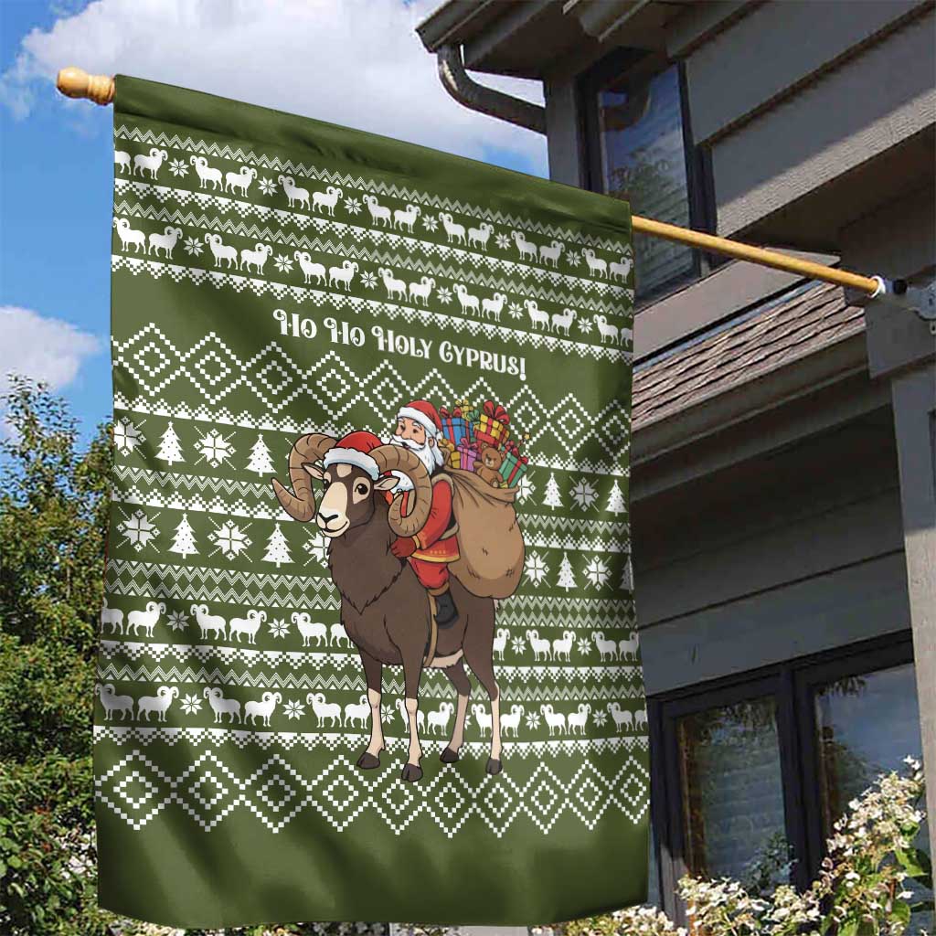 Cyprus Christmas Garden Flag with Santa Riding Ram Ho Ho Holy Cyprus Text and Green Holiday - Wonder Print Shop