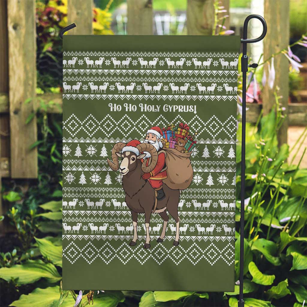 Cyprus Christmas Garden Flag with Santa Riding Ram Ho Ho Holy Cyprus Text and Green Holiday - Wonder Print Shop