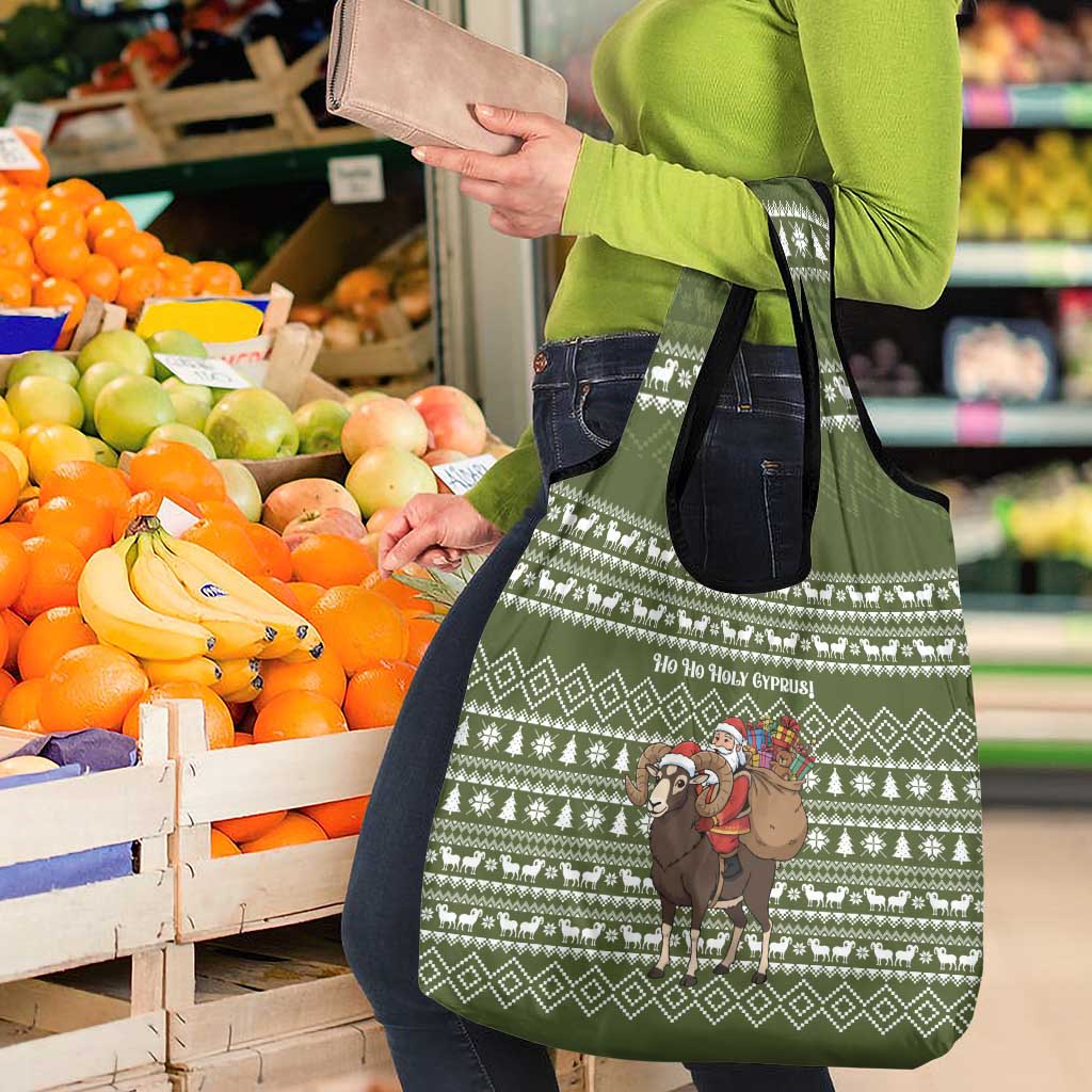 Cyprus Christmas Grocery Bag with Santa Riding Ram Ho Ho Holy Cyprus Text and Green Holiday - Wonder Print Shop