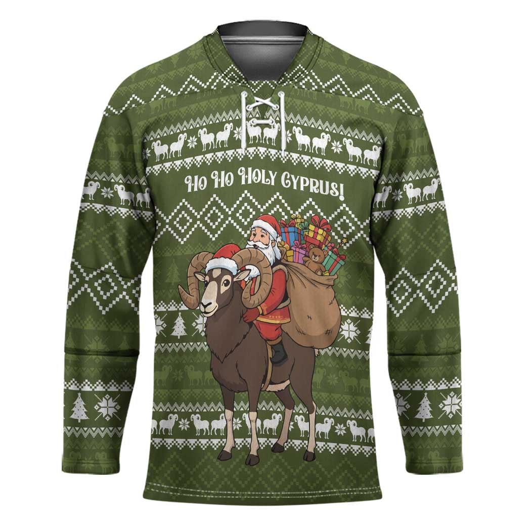 Cyprus Christmas Hockey Jersey with Santa Riding Ram Ho Ho Holy Cyprus Text and Green Holiday - Wonder Print Shop