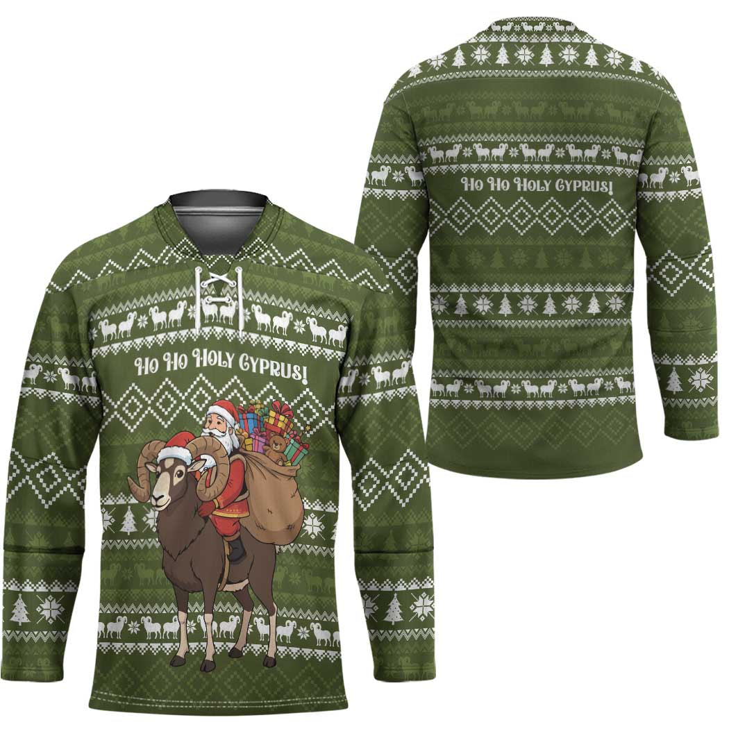 Cyprus Christmas Hockey Jersey with Santa Riding Ram Ho Ho Holy Cyprus Text and Green Holiday - Wonder Print Shop