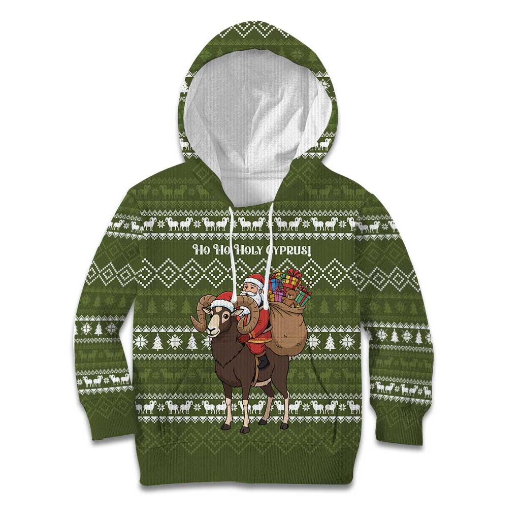 Cyprus Christmas Kid Hoodie with Santa Riding Ram Ho Ho Holy Cyprus Text and Green Holiday - Wonder Print Shop
