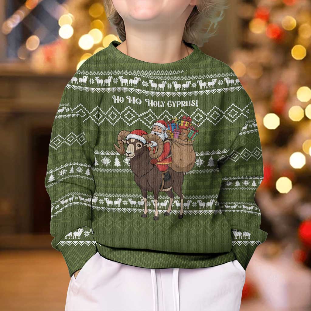 Cyprus Christmas Kid Ugly Christmas Sweater with Santa Riding Ram Ho Ho Holy Cyprus Text and Green Holiday - Wonder Print Shop