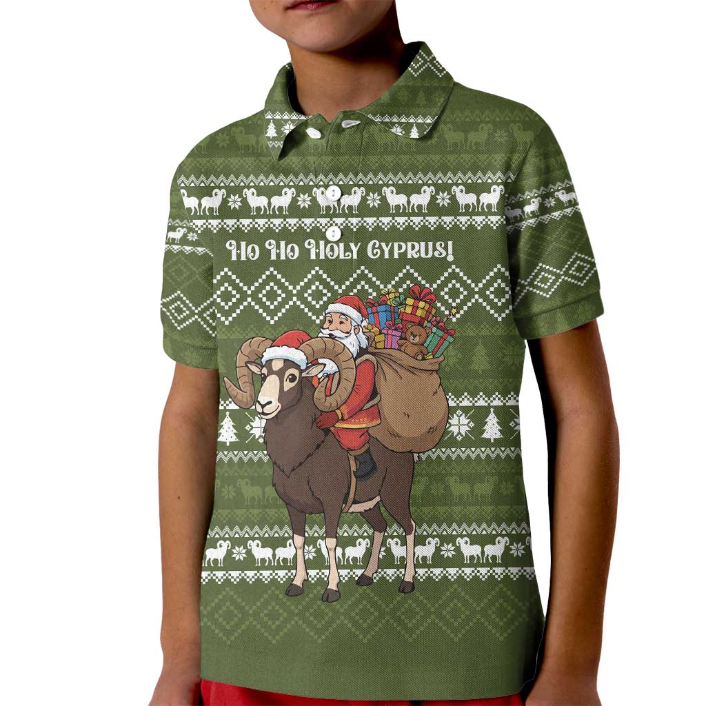 Cyprus Christmas Kid Polo Shirt with Santa Riding Ram Ho Ho Holy Cyprus Text and Green Holiday - Wonder Print Shop