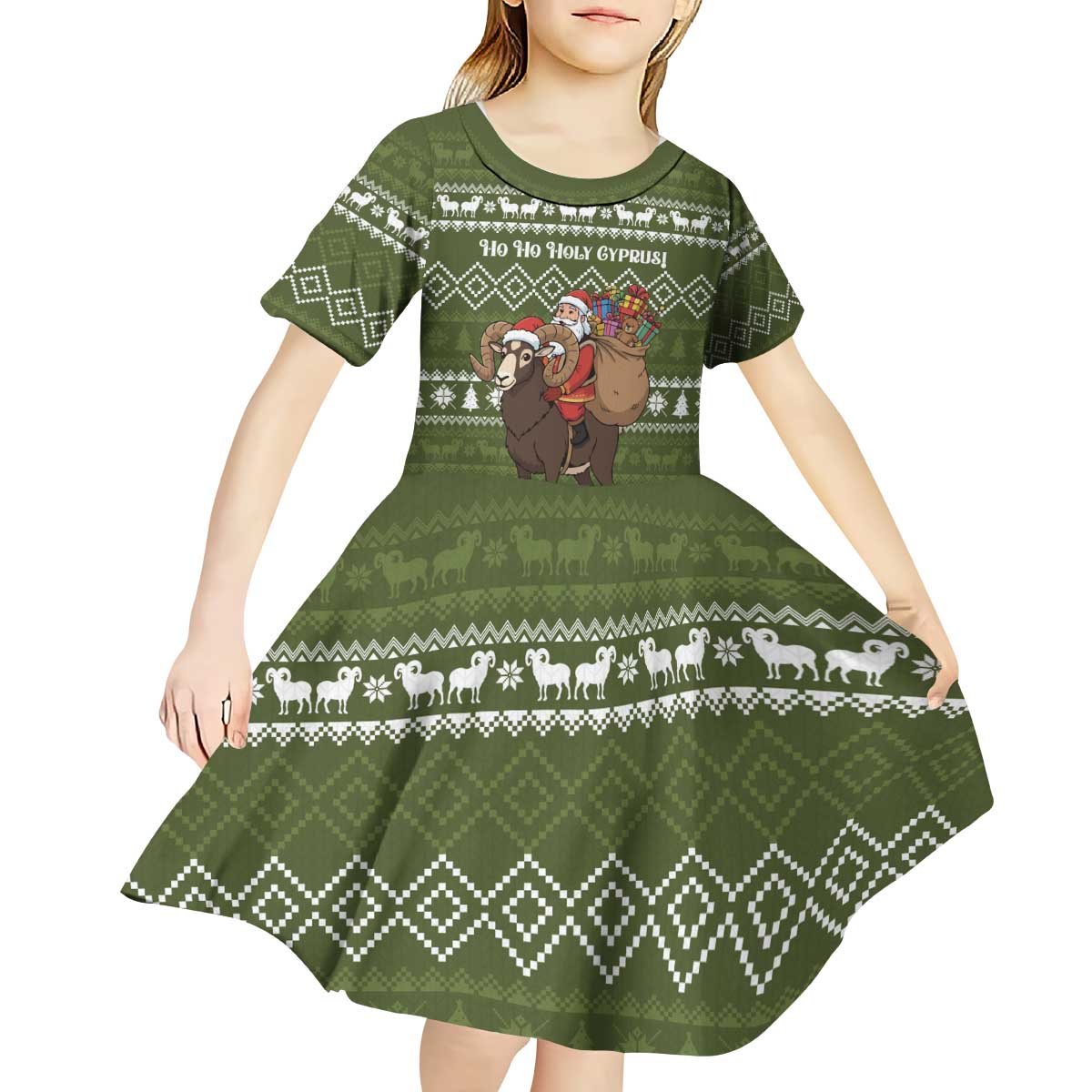 Cyprus Christmas Kid Short Sleeve Dress with Santa Riding Ram Ho Ho Holy Cyprus Text and Green Holiday - Wonder Print Shop