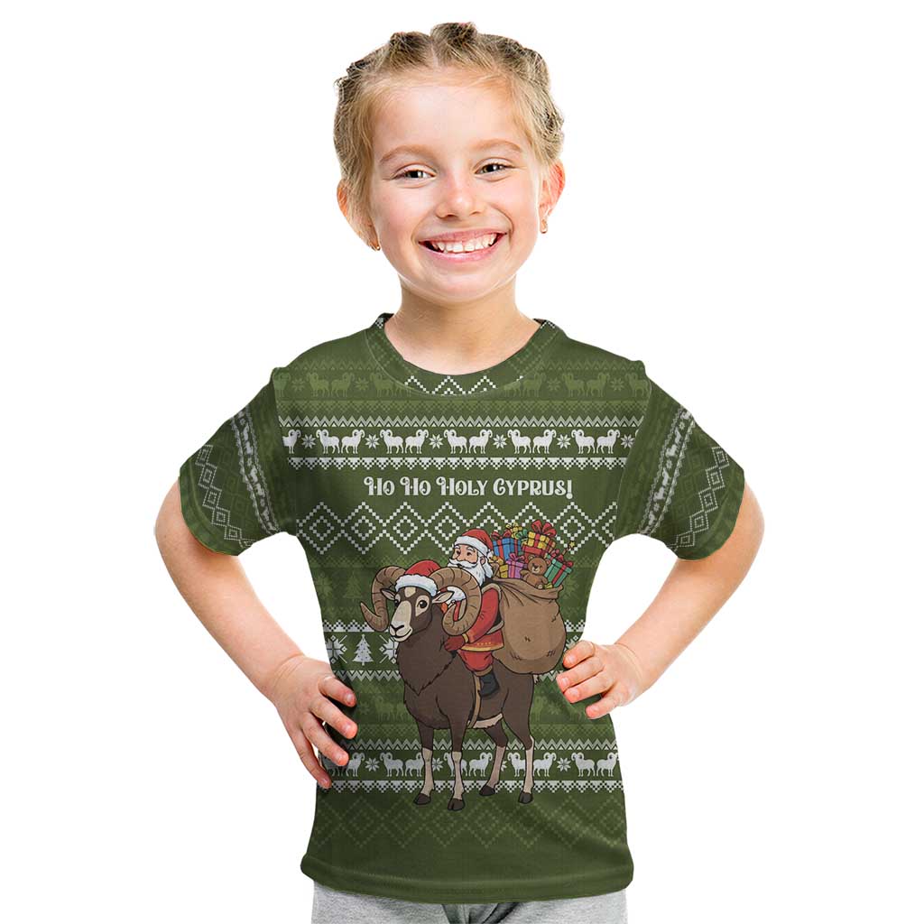 Cyprus Christmas Kid T Shirt with Santa Riding Ram Ho Ho Holy Cyprus Text and Green Holiday - Wonder Print Shop