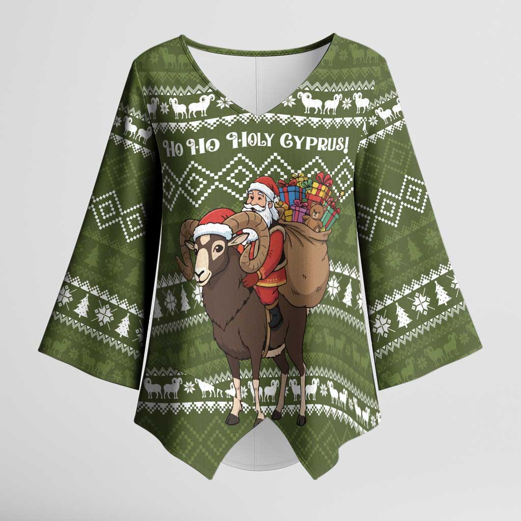 Cyprus Christmas Kimono Sleeve Blouse with Santa Riding Ram Ho Ho Holy Cyprus Text and Green Holiday - Wonder Print Shop