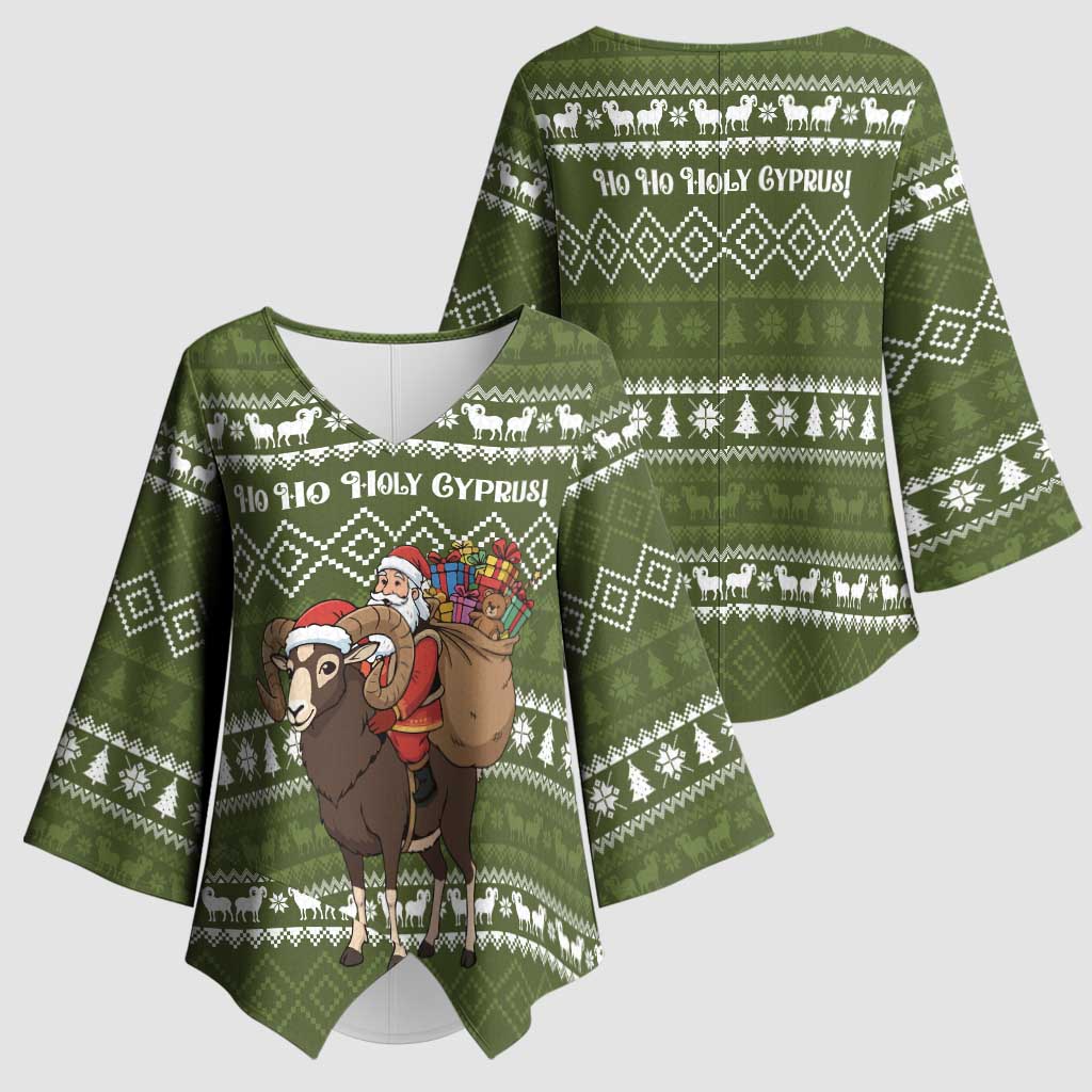 Cyprus Christmas Kimono Sleeve Blouse with Santa Riding Ram Ho Ho Holy Cyprus Text and Green Holiday - Wonder Print Shop