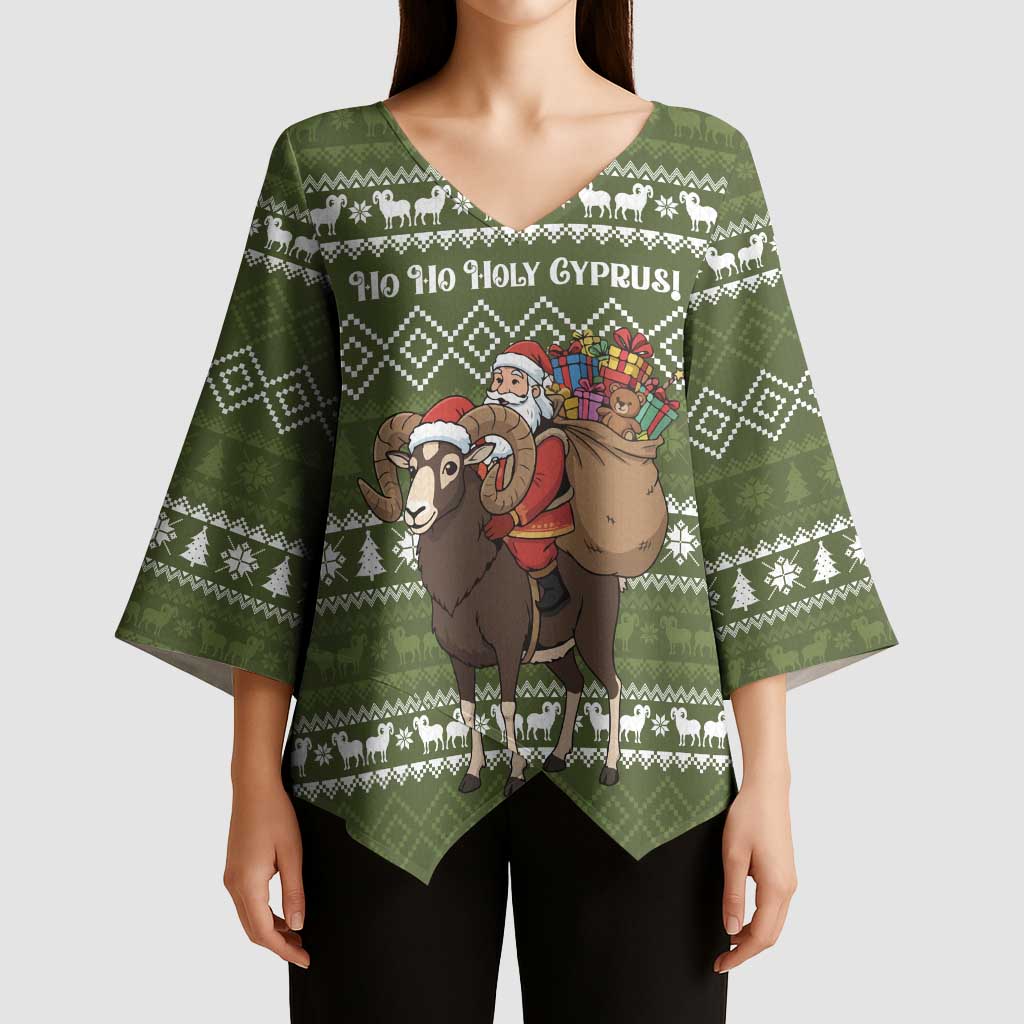 Cyprus Christmas Kimono Sleeve Blouse with Santa Riding Ram Ho Ho Holy Cyprus Text and Green Holiday - Wonder Print Shop