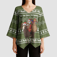 Cyprus Christmas Kimono Sleeve Blouse with Santa Riding Ram Ho Ho Holy Cyprus Text and Green Holiday - Wonder Print Shop