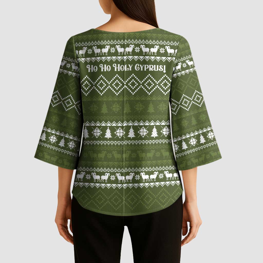 Cyprus Christmas Kimono Sleeve Blouse with Santa Riding Ram Ho Ho Holy Cyprus Text and Green Holiday - Wonder Print Shop