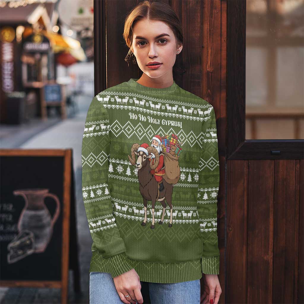 Cyprus Christmas Ugly Christmas Sweater with Santa Riding Ram Ho Ho Holy Cyprus Text and Green Holiday - Wonder Print Shop
