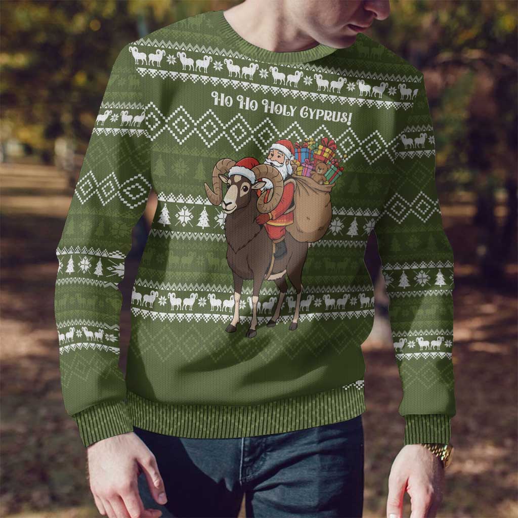 Cyprus Christmas Ugly Christmas Sweater with Santa Riding Ram Ho Ho Holy Cyprus Text and Green Holiday - Wonder Print Shop