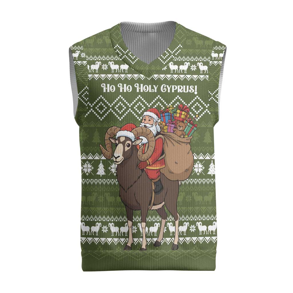 Cyprus Christmas Knitted V-Neck Vest with Santa Riding Ram Ho Ho Holy Cyprus Text and Green Holiday - Wonder Print Shop