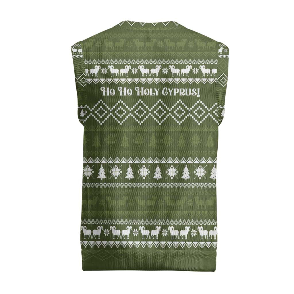 Cyprus Christmas Knitted V-Neck Vest with Santa Riding Ram Ho Ho Holy Cyprus Text and Green Holiday - Wonder Print Shop