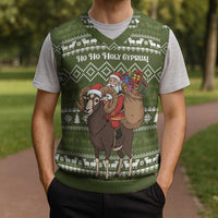 Cyprus Christmas Knitted V-Neck Vest with Santa Riding Ram Ho Ho Holy Cyprus Text and Green Holiday - Wonder Print Shop
