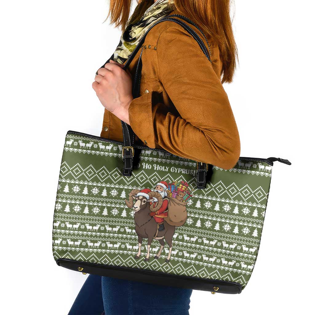 Cyprus Christmas Leather Tote Bag with Santa Riding Ram Ho Ho Holy Cyprus Text and Green Holiday - Wonder Print Shop
