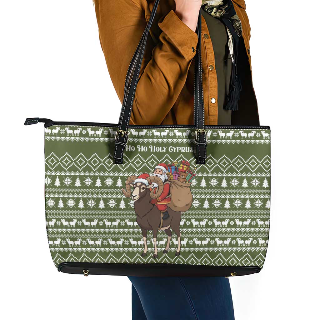 Cyprus Christmas Leather Tote Bag with Santa Riding Ram Ho Ho Holy Cyprus Text and Green Holiday - Wonder Print Shop