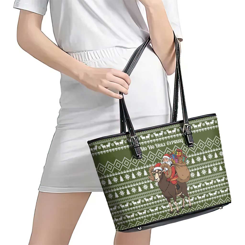 Cyprus Christmas Leather Tote Bag with Santa Riding Ram Ho Ho Holy Cyprus Text and Green Holiday - Wonder Print Shop