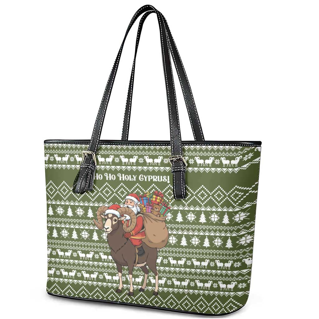 Cyprus Christmas Leather Tote Bag with Santa Riding Ram Ho Ho Holy Cyprus Text and Green Holiday - Wonder Print Shop