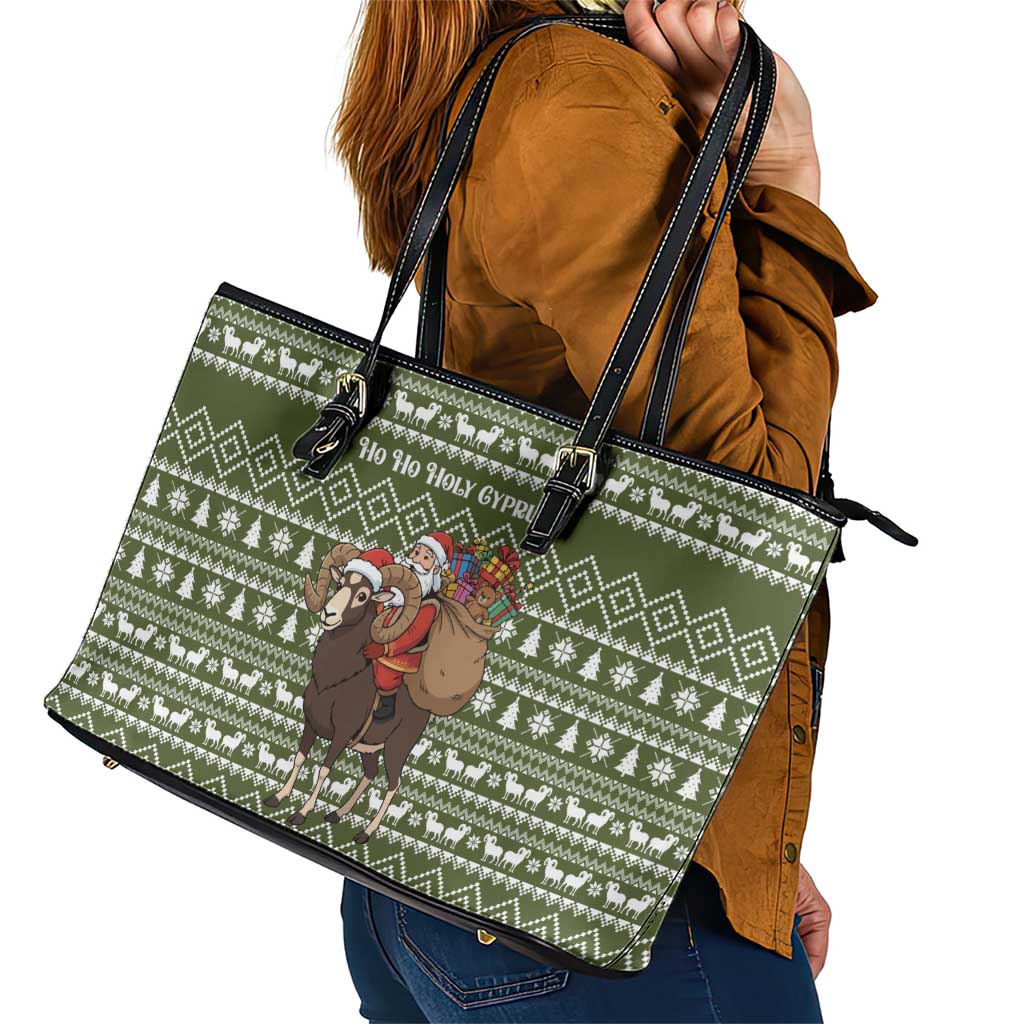 Cyprus Christmas Leather Tote Bag with Santa Riding Ram Ho Ho Holy Cyprus Text and Green Holiday - Wonder Print Shop