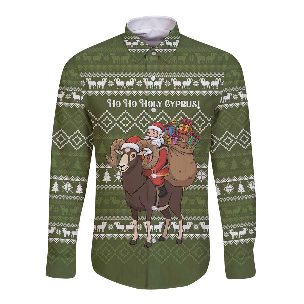 Cyprus Christmas Long Sleeve Button Shirt with Santa Riding Ram Ho Ho Holy Cyprus Text and Green Holiday - Wonder Print Shop