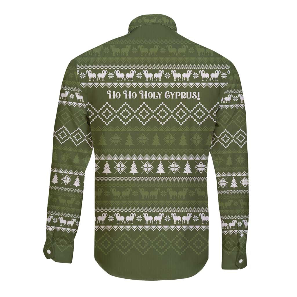 Cyprus Christmas Long Sleeve Button Shirt with Santa Riding Ram Ho Ho Holy Cyprus Text and Green Holiday - Wonder Print Shop